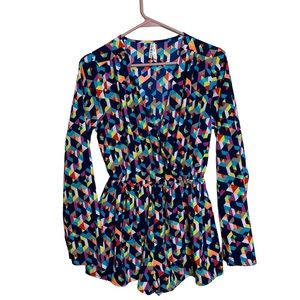 Multicolor Rainbow Kaleidoscope Print Long Sleeve  Romper Medium